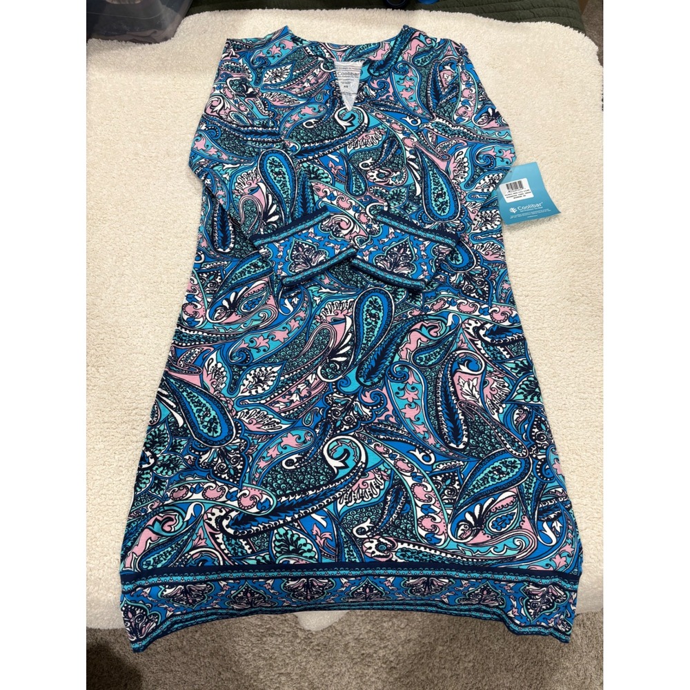 NWT Coolibar Oceanside Tunic Dress XS Paisley Pattern Blue Pink UPF50 Resortwear